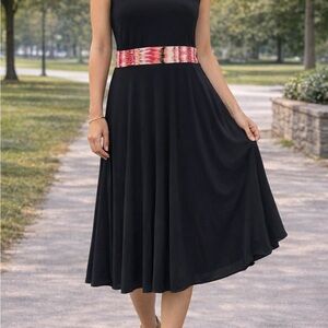 Sleeveless Black Midi Dress with Pink Patterned Waistband